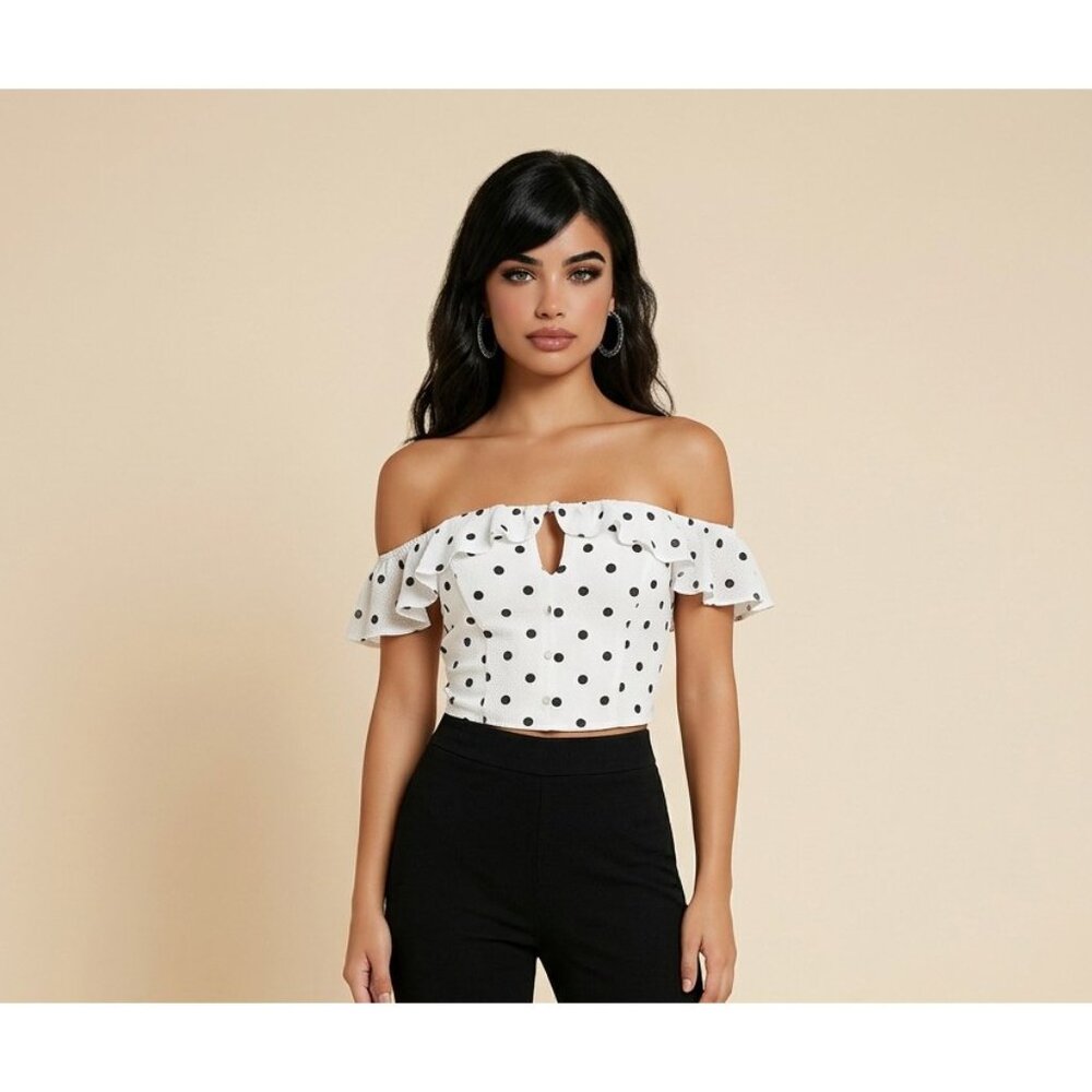 NWT Express Off The Shoulder Smocked Ruffle Crop Top White/Black Polkadot L